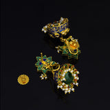 Necklace and jhoomki pair in blue meena pankhi design in 18k gold and uncut diamond and pearls. - KMNE3184, KME2108