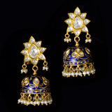 Necklace and jhoomki pair in blue meena pankhi design in 18k gold and uncut diamond and pearls. - KMNE3184, KME2108