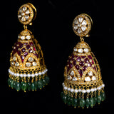 Jhoomki pair with rose cut diamond, diamond uncut and emerald maniya with pearls in 14k gold. - KME2176