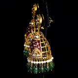 Jhoomki pair with rose cut diamond, diamond uncut and emerald maniya with pearls in 14k gold. - KME2176