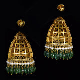 Jhoomki pair with rose cut diamond, diamond uncut and emerald maniya with pearls in 14k gold. - KME2176