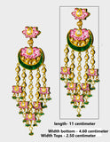 Experience the epitome of elegance with our exquisite long earrings, adorned with delicate pink enameled work, shimmering uncut diamonds, and vibrant green stones. Complete with dangling emerald beads and pearls (KME2182)