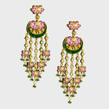 Experience the epitome of elegance with our exquisite long earrings, adorned with delicate pink enameled work, shimmering uncut diamonds, and vibrant green stones. Complete with dangling emerald beads and pearls (KME2182)