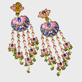 Experience the epitome of elegance with our exquisite long earrings, adorned with delicate pink enameled work, shimmering uncut diamonds, and vibrant green stones. Complete with dangling emerald beads and pearls (KME2182)