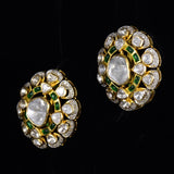 Earring pair with uncut diamond and full cut diamond with green stones in 18k gold.Crafted from high-quality materials, these earrings feature a sleek and stylish design that is sure to turn heads. - KME2183