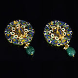 Karnphool earring pair in 18k gold with uncut diamond and emerald maniya. - KME2185