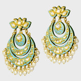 Chandbali-style earrings, showcasing intricate turquoise enameled work and shimmering uncut diamonds. Adorned with delicate pearl hangings (KME2190)