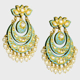 Chandbali-style earrings, showcasing intricate turquoise enameled work and shimmering uncut diamonds. Adorned with delicate pearl hangings (KME2190)