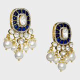 Our exquisite earrings, adorned with dazzling Diamond Polki, Diamond Rounds, and vibrant blue stones, accentuated by delicate pearl hangings. Embrace the fusion of elegance and sophistication (KME2255)
