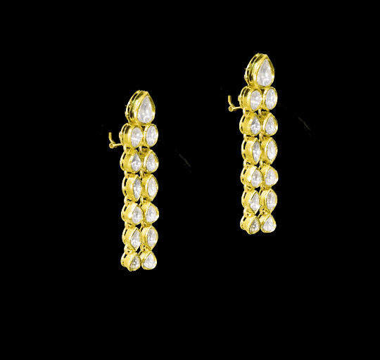 Elegant and timeless, this white two-line connected long necklace and earring pair features dazzling uncut diamonds. Perfect for adding grace and sparkle to weddings, festive events, or special celebrations.(KMNE3590) + (KME2373)