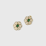 Fusion-style earrings featuring diamond Polki, sparkling round diamonds, and a striking oval-cut emerald at the center. A perfect blend of elegance, tradition, and modern design.(KME2415)