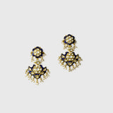 Elevate your style with this exquisite blue Meena Pankhi necklace and earring set, featuring uncut diamonds and delicate pearls. A timeless blend of traditional artistry and elegance, perfect for festive and bridal occasions.(KMNE3625) + (KME2445)