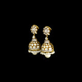 Elegant fusion-style jhoomki earrings featuring sparkling round diamonds, Polki diamonds, and delicate pearls, beautifully crafted for timeless grace, festive charm, and modern traditional style.(KME2490)