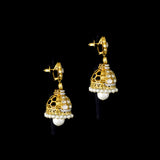 Elegant fusion-style jhoomki earrings featuring sparkling round diamonds, Polki diamonds, and delicate pearls, beautifully crafted for timeless grace, festive charm, and modern traditional style.(KME2490)