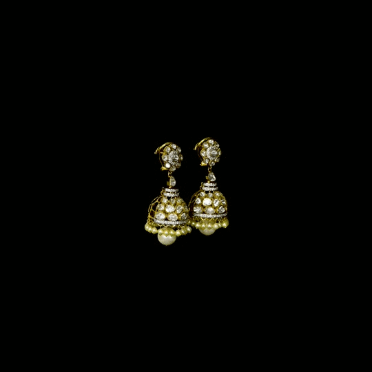 Elegant fusion-style jhoomki earrings featuring sparkling round diamonds, Polki diamonds, and delicate pearls, beautifully crafted for timeless grace, festive charm, and modern traditional style.(KME2490)