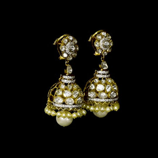 Elegant fusion-style jhoomki earrings featuring sparkling round diamonds, Polki diamonds, and delicate pearls, beautifully crafted for timeless grace, festive charm, and modern traditional style.(KME2490)