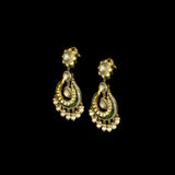 Graceful fusion-style chandbali earrings adorned with Polki diamonds, round diamonds, green stones, and delicate pearls, beautifully crafted for timeless elegance, royal charm, and festive glamour.(KME2520)