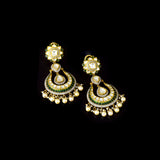 Graceful fusion-style chandbali earrings adorned with Polki diamonds, round diamonds, green stones, and delicate pearls, beautifully crafted for timeless elegance, royal charm, and festive glamour.(KME2520)