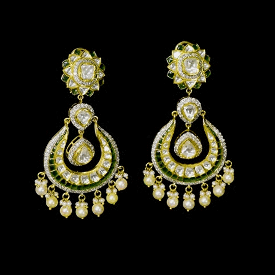 Graceful fusion-style chandbali earrings adorned with Polki diamonds, round diamonds, green stones, and delicate pearls, beautifully crafted for timeless elegance, royal charm, and festive glamour.(KME2520)