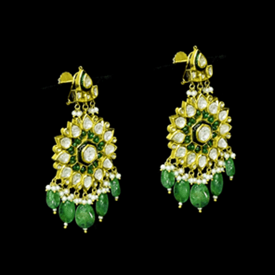 Diamond Polki, Emerald & Pearl Chandbalis Exquisite Diamond Polki chandbalis adorned with vibrant emerald drops and delicate pearls, blending timeless heritage, regal elegance, and masterful craftsmanship for every celebration.(KME2535)