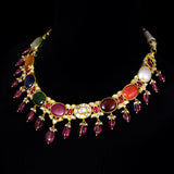 Necklace Set Navratan with S.S. Pearl and Polki Diamond- KMNE2764 + KME1847