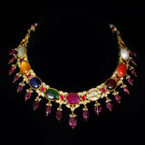 Necklace Set Navratan with S.S. Pearl and Polki Diamond- KMNE2764 + KME1847