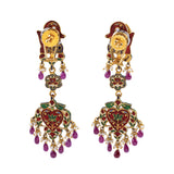 Multi meena elephant face long necklace and earring pair with Diamond polki and Ruby drops and pearls KMNE2887