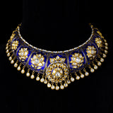 Necklace (hasli) and jhoomki pair in blue meena with 18k gold and  uncut diamonds and pearls , it’s perfect for traditional Indian attire to modern western wear - KMNE2947