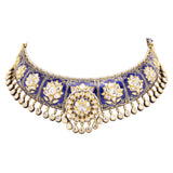 Necklace (hasli) and jhoomki pair in blue meena with 18k gold and  uncut diamonds and pearls , it’s perfect for traditional Indian attire to modern western wear - KMNE2947