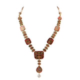 Long necklace and earring pair with red enamelled work with Diamond polki and pearls  KMNE2960