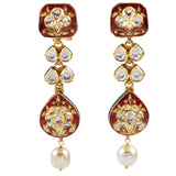 Long necklace and earring pair with red enamelled work with Diamond polki and pearls  KMNE2960