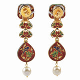Long necklace and earring pair with red enamelled work with Diamond polki and pearls  KMNE2960