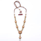 Long necklace and earring pair with red enamelled work with Diamond polki and pearls  KMNE2960