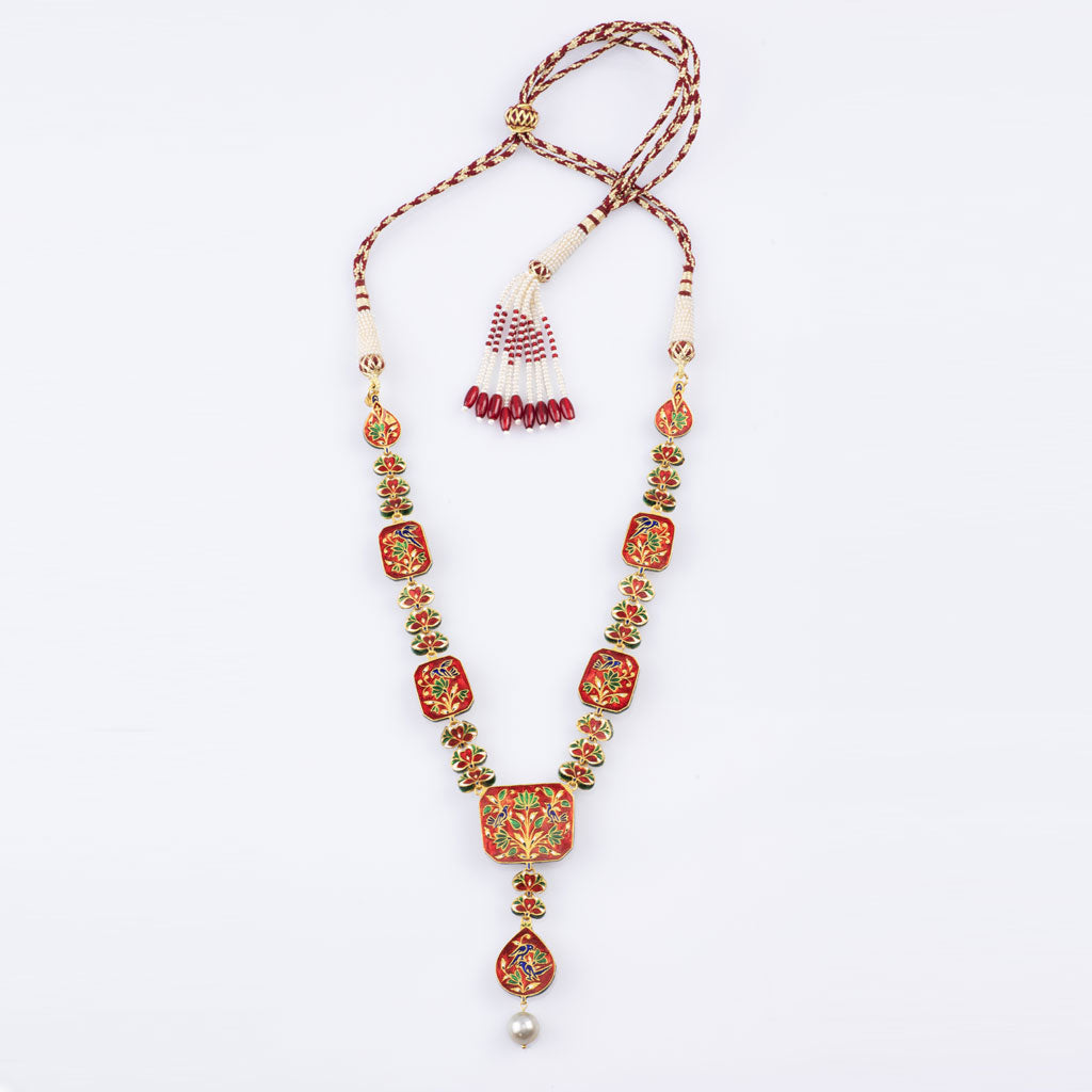 Long necklace and earring pair with red enamelled work with Diamond polki and pearls  KMNE2960