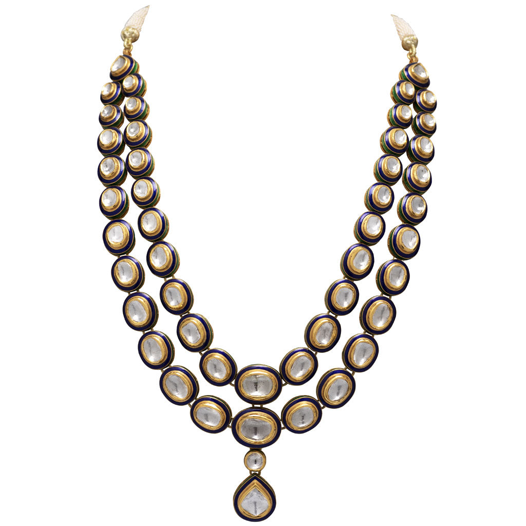 Blue meena big polki double line necklace with earring pair KMNE2970