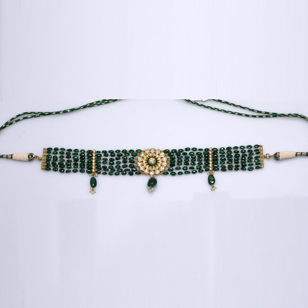 Small choker with earring pair with Diamond polki and emerald  KMNE2999