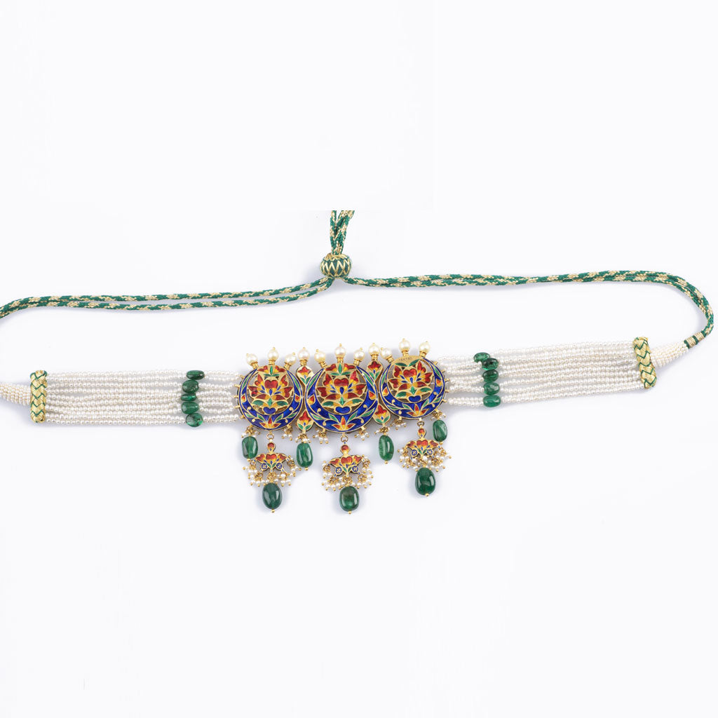 Mini choker with earring pair with Diamond polki and emerald maniya and pearls DESIGN NO KMNE3000