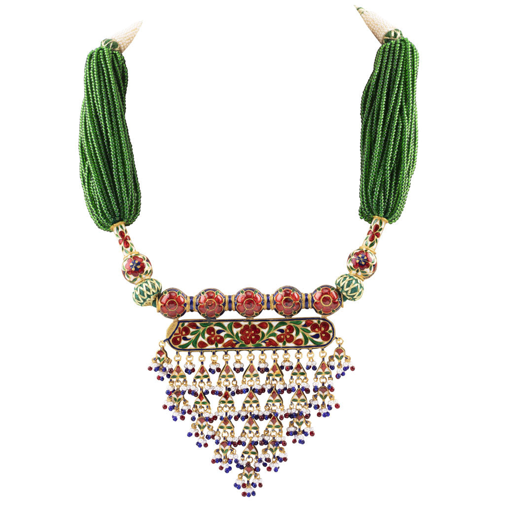 Red and blue meena tanmaniya necklace with jhoomki pair with Diamond polki and pearls KMNE3005