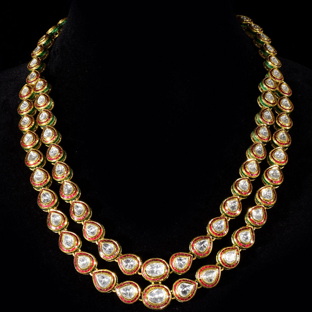 Double line necklace with Diamond polki and Red talf KMNE3006