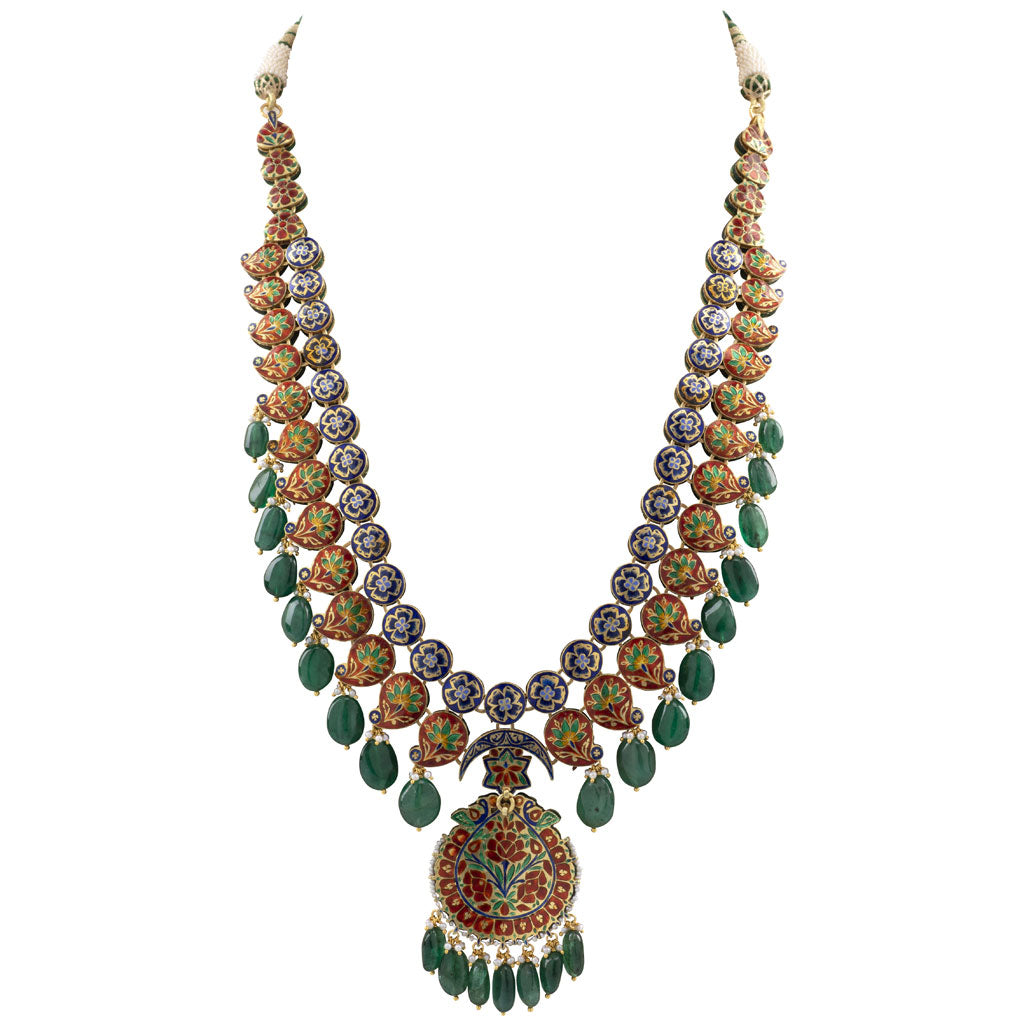 Long necklace with earring pair with Diamond polki and emeralds KMNE3015