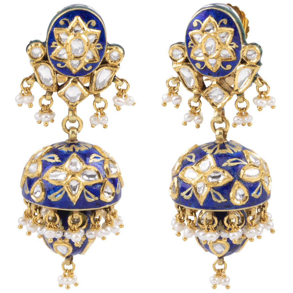 Blue meena necklace with jhoomki pair in Diamond polki and pearls KMNE3031