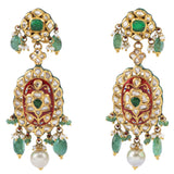 Red meena pankhi design necklace and earring pair with Diamond polki and emerald beads with pearls  KMNE3039