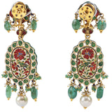 Red meena pankhi design necklace and earring pair with Diamond polki and emerald beads with pearls  KMNE3039