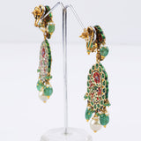 Red meena pankhi design necklace and earring pair with Diamond polki and emerald beads with pearls  KMNE3039
