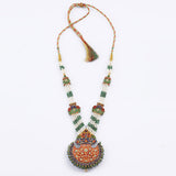 Red meena pankhi design necklace and earring pair with Diamond polki and emerald beads with pearls  KMNE3039