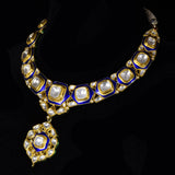 Necklace and Earring pair with blue meena in 18k gold and diamond polki. - KMNE3057