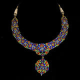 Necklace and Earring pair with blue meena in 18k gold and diamond polki. - KMNE3057