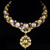 Necklace and Earring pair with blue meena in 18k gold and diamond polki. - KMNE3057
