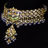 Necklace (chick) and Earring pair in peacock meena in 18k gold and uncut diamond. - KMNE3101