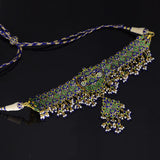 Necklace (chick) and Earring pair in peacock meena in 18k gold and uncut diamond. - KMNE3101